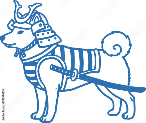 Dog wearing samurai armor and sword