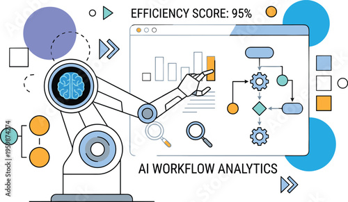 Artificial intelligence workflow analytics vector illustration with robotic arm dashboard efficiency score data analysis automation technology concept