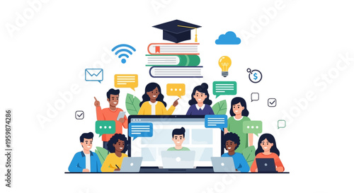 Diverse Group of Students Participating in Online E-Learning Class via Video Conference. Virtual Education, Remote Learning, and Digital Graduation Concept Illustration.
