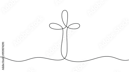 Minimalist continuous line drawing of christian cross on abstract landscape, simple black line art symbol of faith, spirituality and religion
