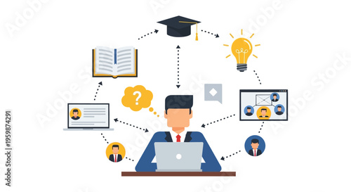 E-Learning and Knowledge Management Concept. Online Education, Skill Development, and Professional Networking Flow Chart Diagram