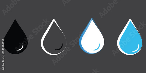 Water Droplet Icons: Black White Blue & Sketch Styles on Gray Background