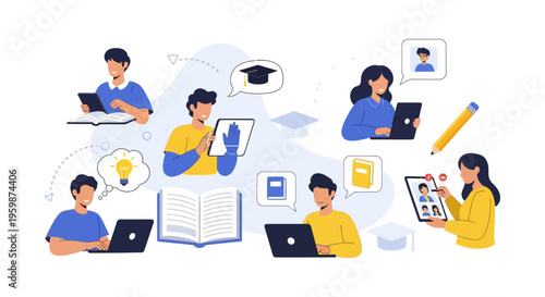 Online Education and E-learning Concept Illustration. Students studying remotely via laptops and tablets, surrounded by knowledge symbols like books and graduation caps.