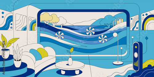 A modern living room with a large screen displaying a serene ocean view in a flat, minimalist vector illustration design.