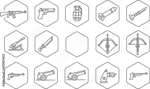 A collection of modern military and historical weapon outline icons, perfect for game interfaces, user experience designs, or digital defense applications, presented in a clean, minimalist style.