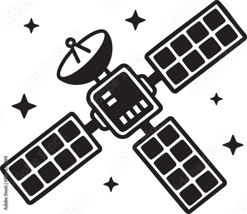 A satellite orbits Earth with solar panels and antenna in space.