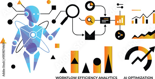 Artificial intelligence workflow efficiency analytics vector illustration with robot data analysis charts optimization process automation technology concept