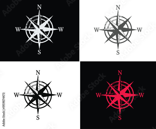 Vintage Compass Rose Illustration with Directional Points and Degrees for Nautical Navigation
