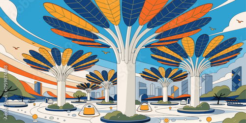 A vibrant and colorful illustration of futuristic trees in an urban setting with a blue sky