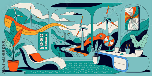 A vibrant and modern illustration of a futuristic interior with a scenic view of wind turbines and mountains