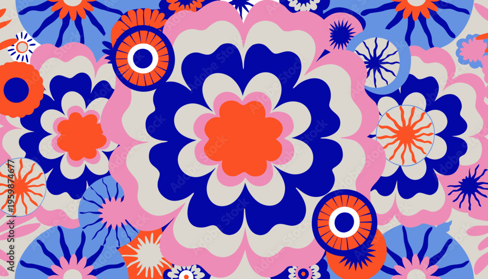 Fototapeta premium Psychedelic floral pattern with bold geometric shapes and retro colors, 60s inspired art
