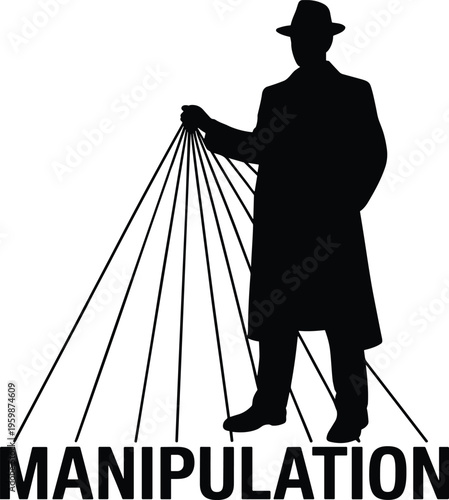 Manipulation concept with puppet master silhouette controlling strings, psychological influence and power control black vector illustration design
