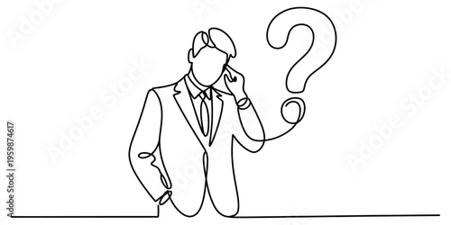 A single continuous line drawing of a businessman in a suit contemplating a large question mark Vector, illustration