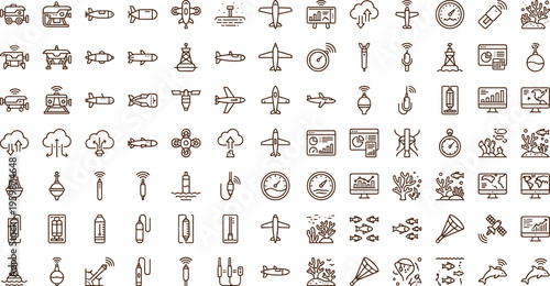 Environmental monitoring and ocean research line icon set with drones sensors aircraft marine wildlife analytics symbols