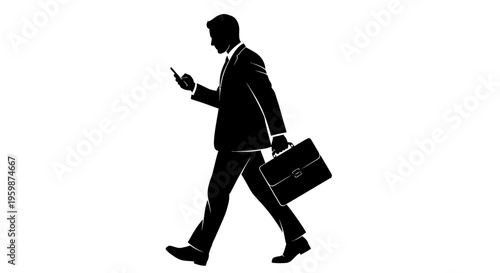 Silhouette of businessman walking with briefcase and smartphone, black and white