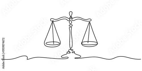 A minimalist single line drawing of the scales of justice representing legal balance and fairness Vector, illustration