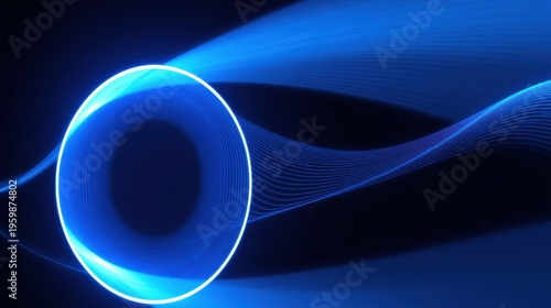 Bright blue abstract lines form swirling shapes. Circular element dominates left side, contrasting dark background. Modern design.