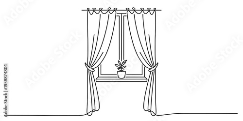 Minimalist continuous line drawing of an elegant window with curtains and a small houseplant Vector, illustration