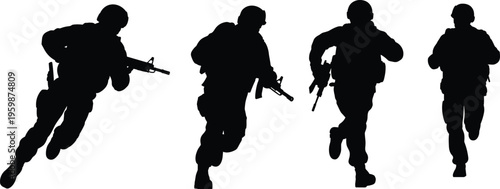 Military soldiers running with rifles silhouettes combat action army troops tactical movement security defense concept, vector illustration