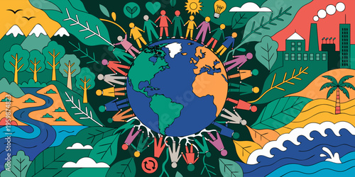 A vibrant illustration of people from around the world coming together to protect the Earth and its natural resources.