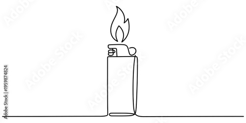 A minimalist single line drawing of a simple handheld cigarette lighter with a small burning flame Vector, illustration