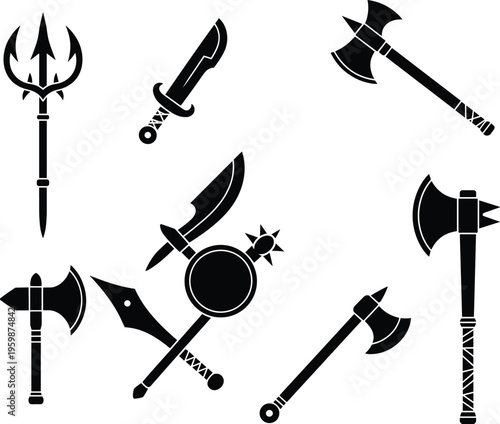 Medieval weapons silhouettes set illustration, axes swords and trident collection, fantasy battle gear icons, black vector design