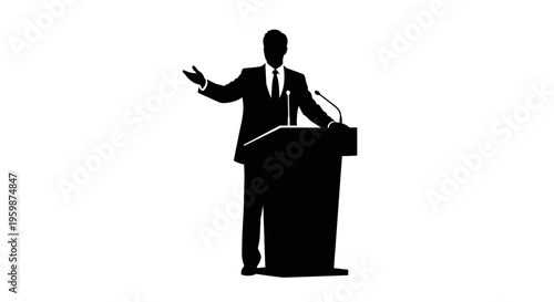 Silhouette of a Politician Speaking at a Podium with Microphone