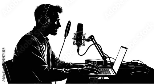 Silhouette of a podcaster speaking into a microphone while typing on a laptop, studio setup