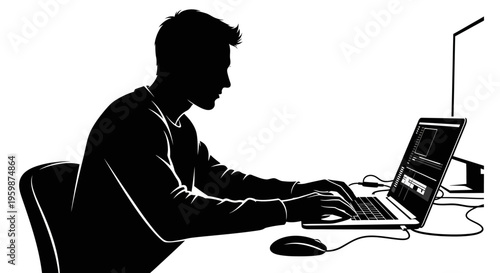 Silhouette of a programmer working on a laptop in a dark room, coding and developing software.