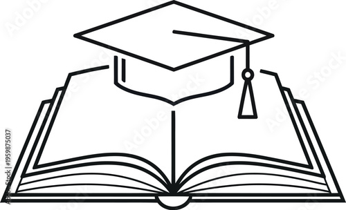 Simple line art icon depicting a graduation cap resting atop an open book symbolizing academic achievement and successful learning journeys ahead.