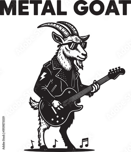 Goat wearing sunglasses playing electric guitar and leather jacket