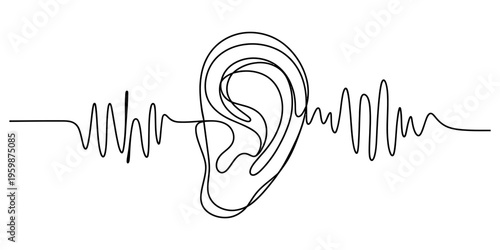 Minimalist continuous line drawing of a human ear integrated with digital sound wave patterns Vector, illustration
