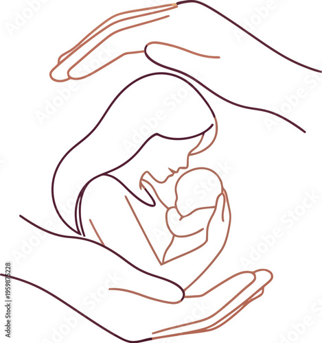Protective line art illustration depicting a loving mother tenderly holding her precious newborn baby, surrounded by caring hands symbolizing family, security, and well-being.