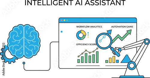 Intelligent artificial intelligence assistant concept vector illustration with robotic arm workflow analytics dashboard automation efficiency data monitoring