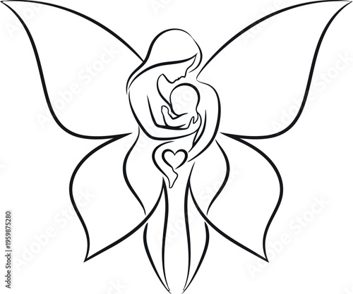 Stylized line art illustration of a loving mother gently cradling her newborn baby, elegantly integrated with graceful butterfly wings, symbolizing tender maternal love and profound family bonding.