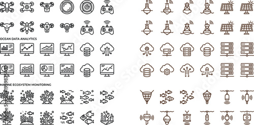 Ocean data analytics and marine ecosystem monitoring line icon set with drones sensors coral fish research technology