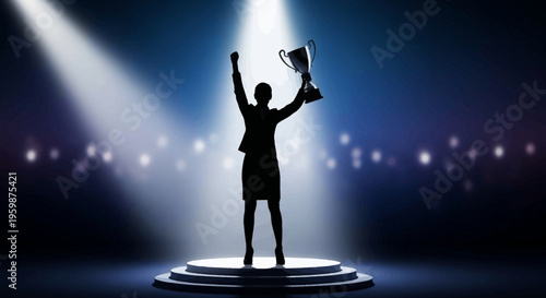 Silhouette of a woman on pedestal holding trophy, celebrating victory under spotlight