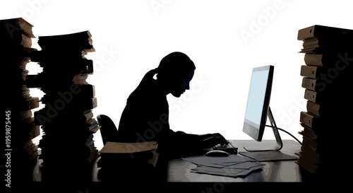 Silhouette of a Woman Working Late at a Desk Piled High with Documents