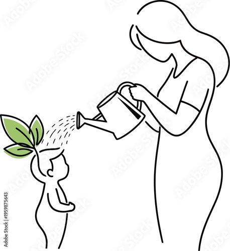 A caring mother gently waters her young child's head, from which a green plant sprouts, beautifully symbolizing the vital nurturing of intellectual growth and development.
