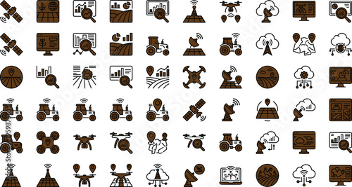 Precision agriculture monitoring technology line icon set with drones satellites tractors crop analytics smart farming systems