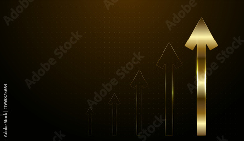 A gold arrow moving upward represents strong growth in Finance and Business success concepts and with Multiple gold arrows rising upward symbolize increasing value
