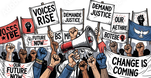 Powerful illustration depicting a diverse group of people united in protest, raising fists and holding signs with urgent messages like "Demand Justice" and "Change Is Coming."