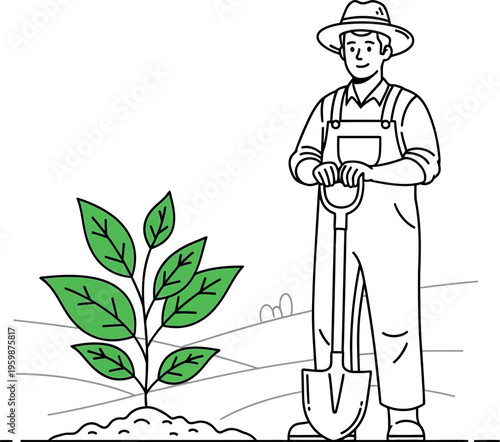Smiling farmer standing proudly next to a newly planted green sapling holding a shovel in a field illustration