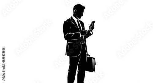 Silhouette of businessman in suit with briefcase checking smartphone, isolated on white background