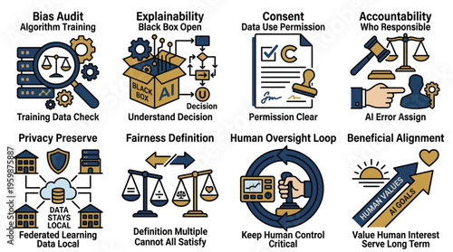 AI Ethics and Responsible Artificial Intelligence Governance Infographic Icons