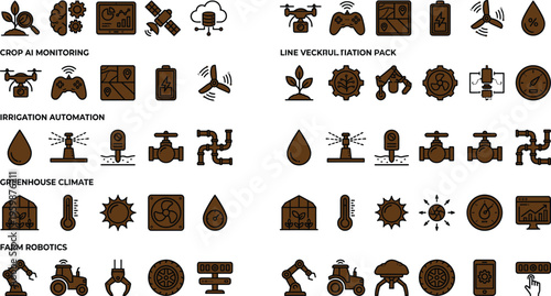 Precision agriculture technology icon pack with drone monitoring irrigation automation greenhouse climate sensors and farm robotics vector set