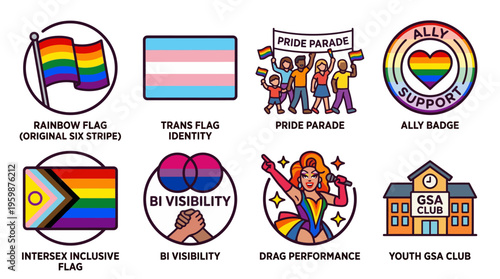 LGBTQ+ Pride Icons Set with Rainbow Flags and Community Symbols