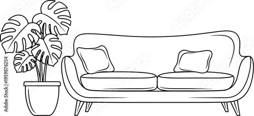 Minimalist outline illustration featuring a comfortable sofa with elegant cushions positioned next to a trendy potted monstera plant, perfect for interior design concepts and home decor visuals.
