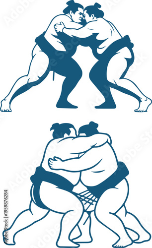 Sumo Wrestlers Grappling Illustration – Traditional Japanese Martial Arts Vector Set