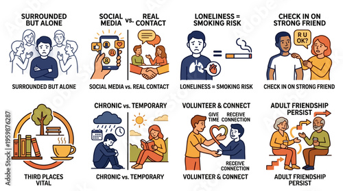 Loneliness and social connection mental health infographic concept collection